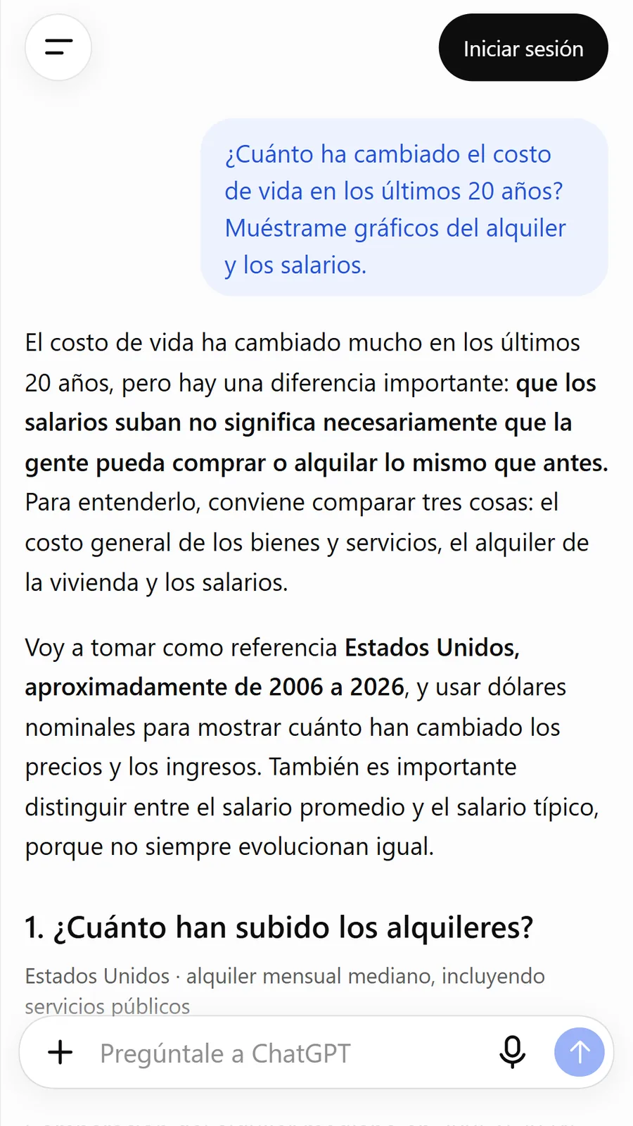 Respuesta de ChatGPT sobre el costo de vida: aclara que toma Estados Unidos de 2006 a 2026 en dólares nominales y empieza la primera sección, cuánto han subido los alquileres.