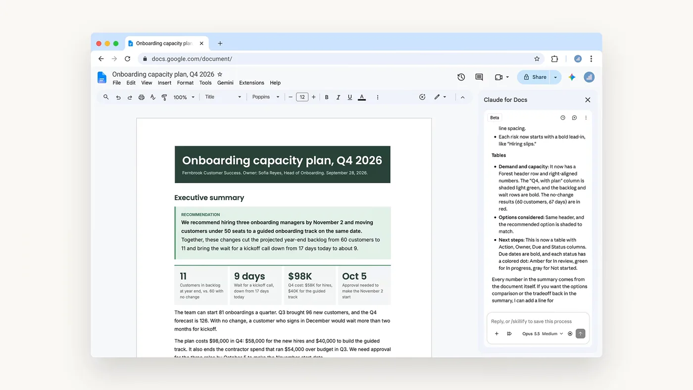 Documento de Google Docs con la barra Claude for Docs abierta a la derecha.