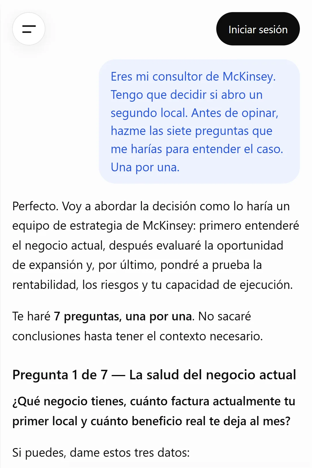 ChatGPT respondiendo con la pregunta 1 de 7 sobre la salud del negocio actual