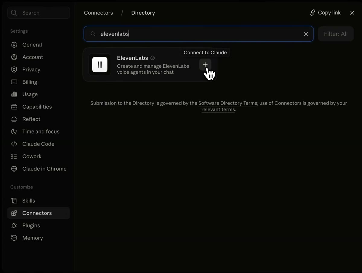 Directorio de conectores de Claude con la búsqueda elevenlabs y el botón + para conectarlo.