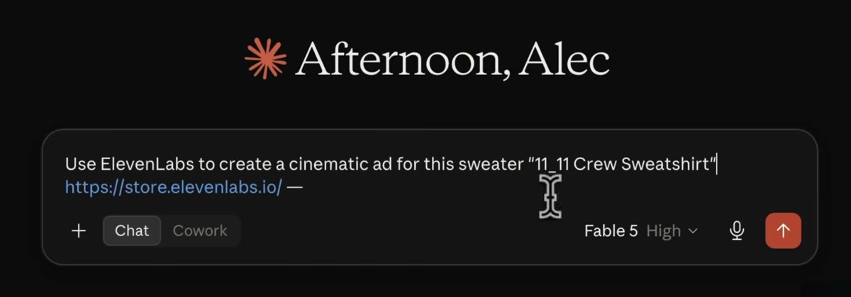 Chat de Claude con el pedido: Use ElevenLabs to create a cinematic ad for this sweater, y el enlace de la tienda.