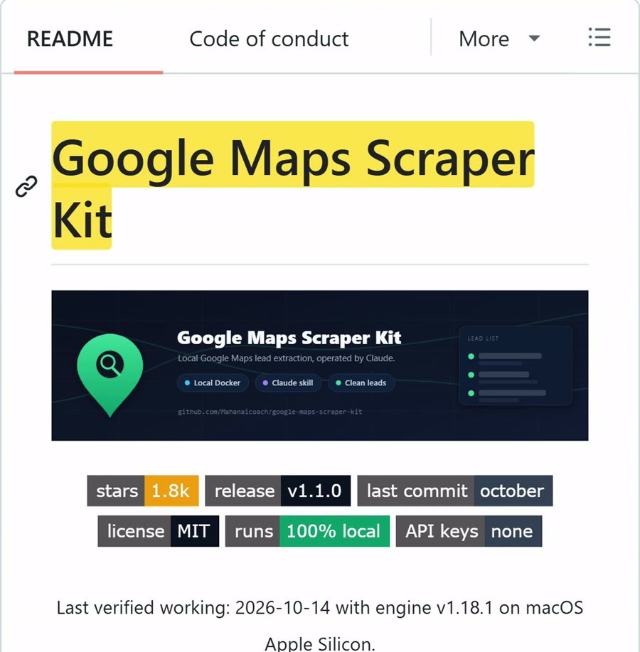 Página del proyecto Google Maps Scraper Kit en GitHub, con su descripción y licencia MIT.