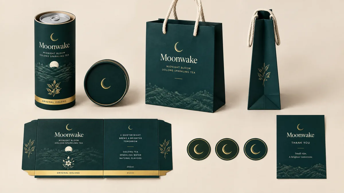 Set de empaques de la marca de ejemplo Moonwake: lata, caja, bolsa y etiquetas con el mismo verde oscuro y dorado.